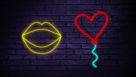 letrero de neón que muestra labios y un globo en forma de corazón