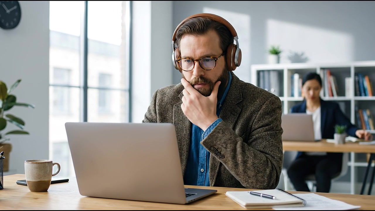 Uomo d'affari concentrato che usa il laptop con le cuffie in un ufficio moderno e pulito durante una sessione di lavoro produttiva