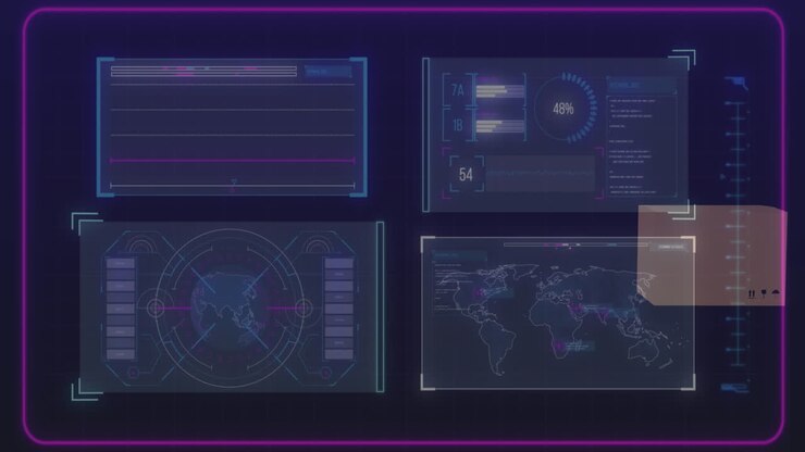 Animation of data processing on screens over cardboard boxes