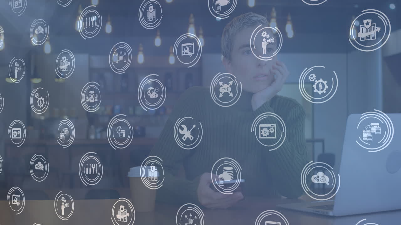 animación de conexiones con iconos de la tecnología sobre mujer caucásica usando computadora portátil