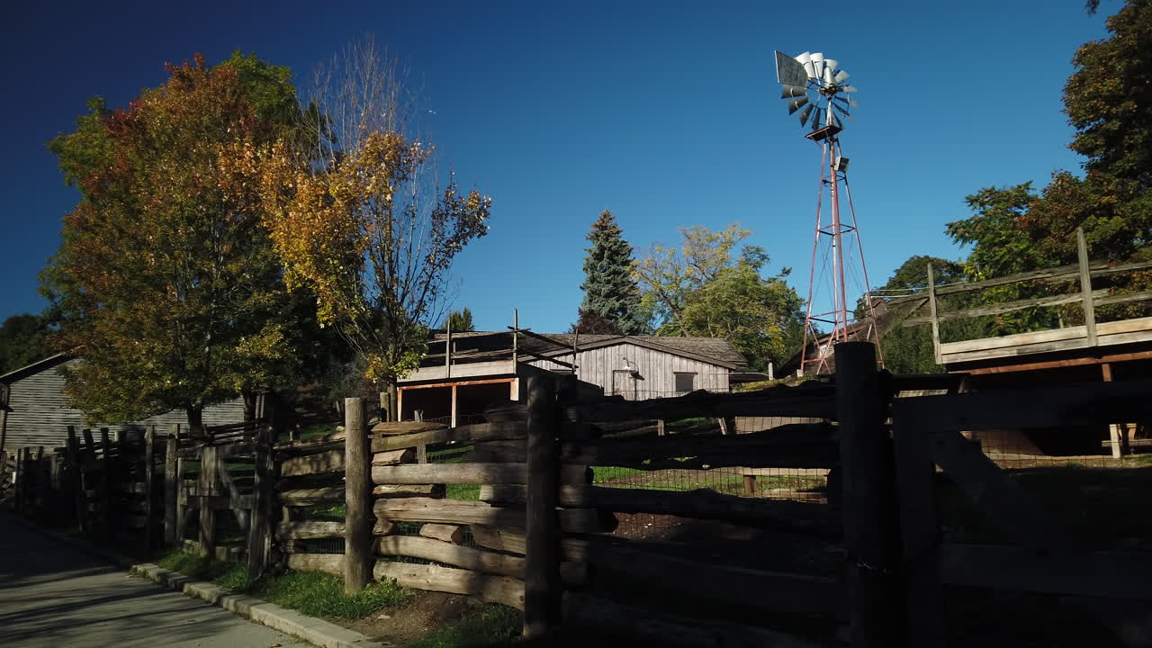Establishing shot of Riverdale Farm in Toronto, wide shot panning right to left