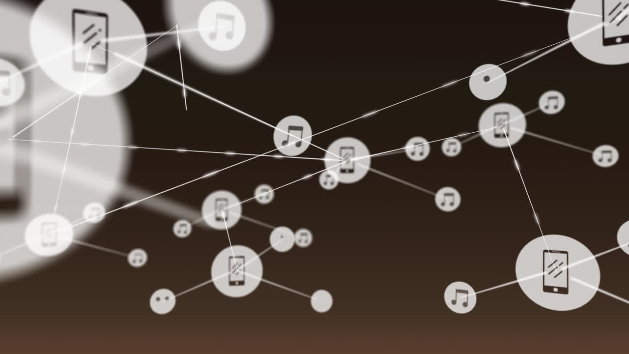 red de dispositivos conectados y iconos musicales, animación de comunicación digital