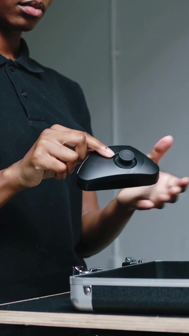 Vertical video: Opening case on desk, tech in black polo pulling remote, testing knob, copy space