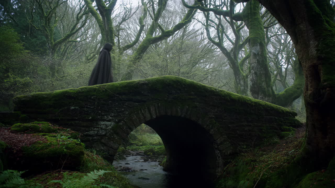 Person in Cape on Mossy Bridge in Forest
