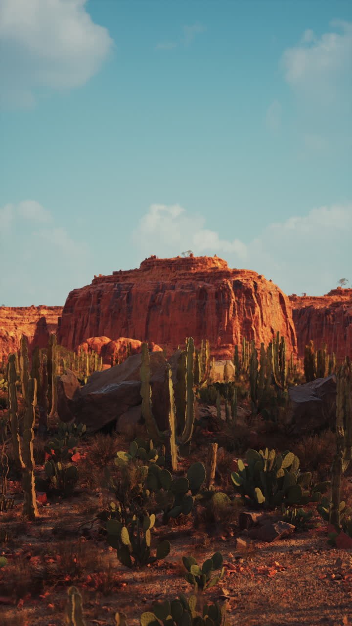 A scenic desert landscape with red rock formations and cacti