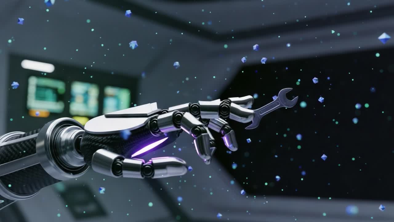 A Futuristic Robotic Hand Grasping a Floating Wrench in a High-Tech Environment, Symbolizing Advanced Technology and Precision Engineering