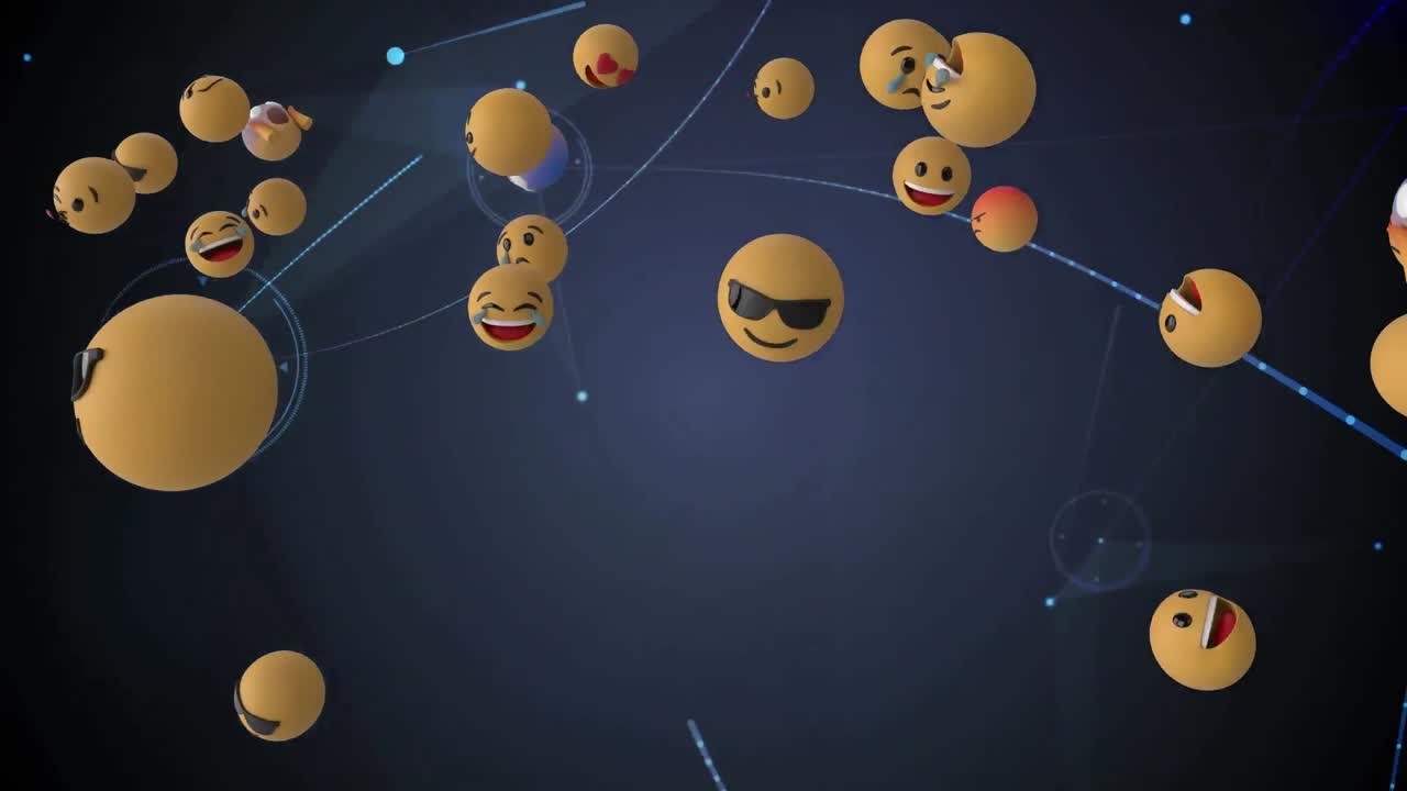 Digital animation of multiple face emojis floating against network of connections on blue background