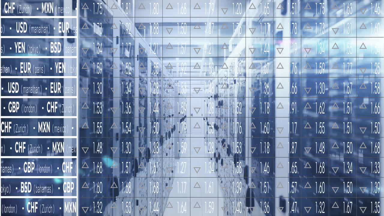 animación del procesamiento de datos financieros a través de la sala de servidores