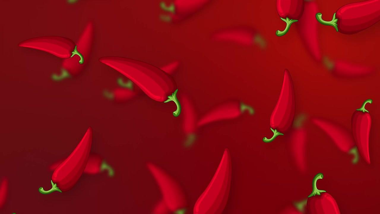 Red chili peppers fall and rotate against a deep red mesh background in this animation.