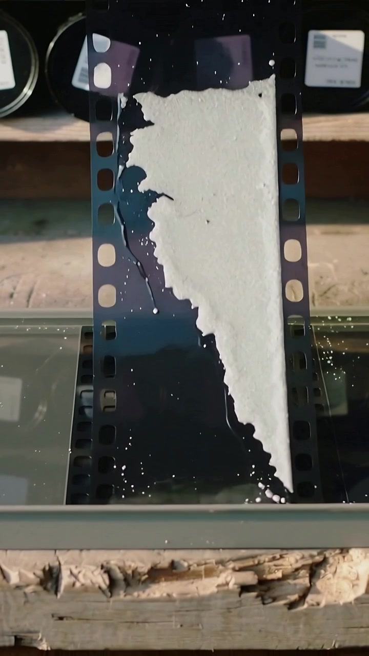 Video verticale: Mano che tira una striscia da 35mm verso l'alto da un vassoio sul banco per sviluppare, con un rivestimento bianco che sale