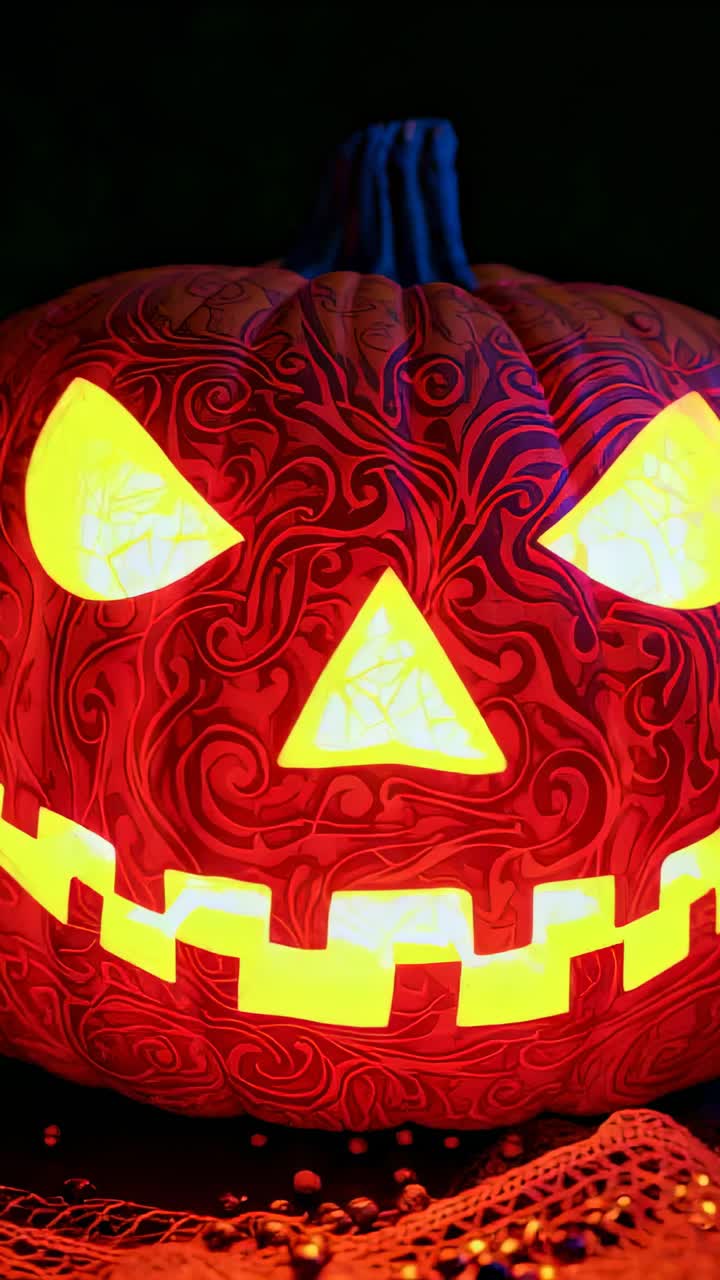 Vertical video: Blinking red and yellow glow bathing swirl-carved pumpkin on table, with beads
