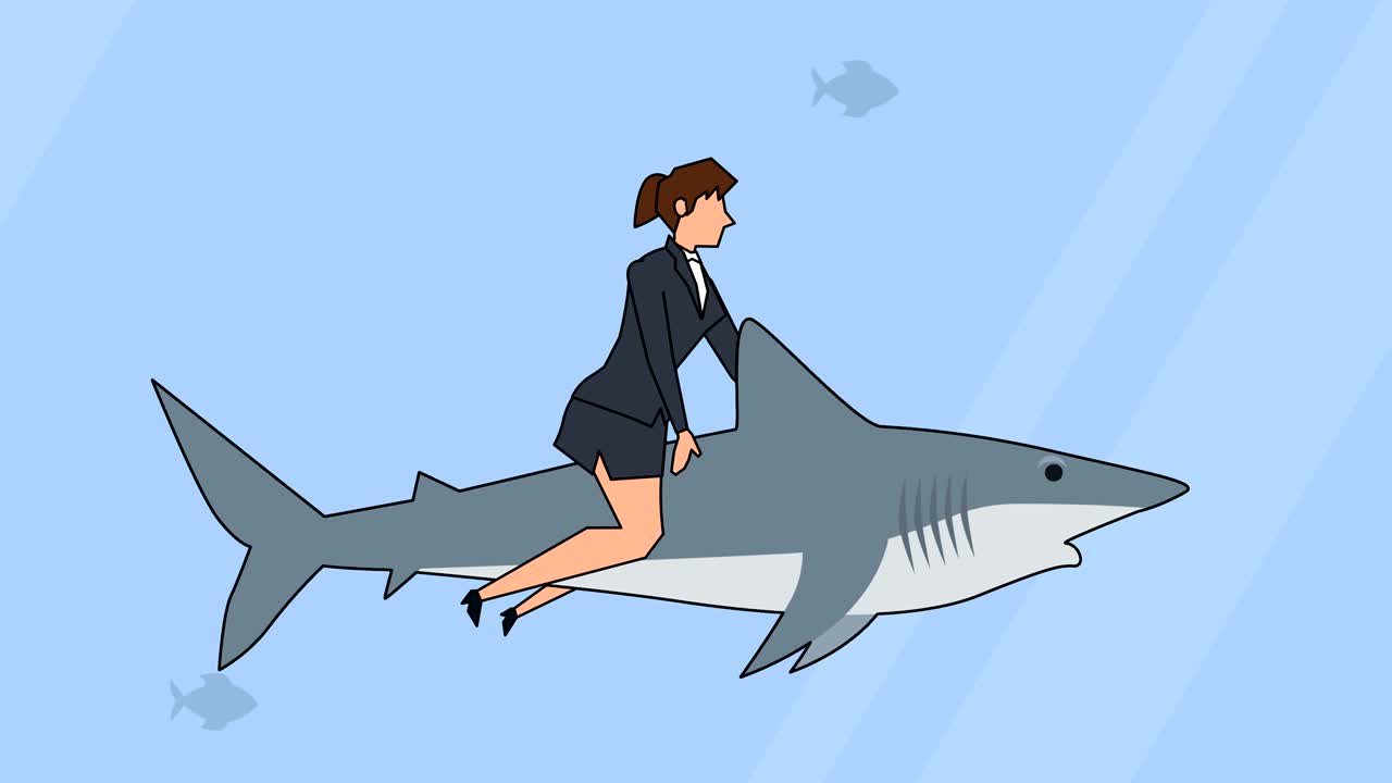 personaje de mujer de negocios de dibujos animados plana montando un tiburón de espaldas nadar animación de concepto de negocio