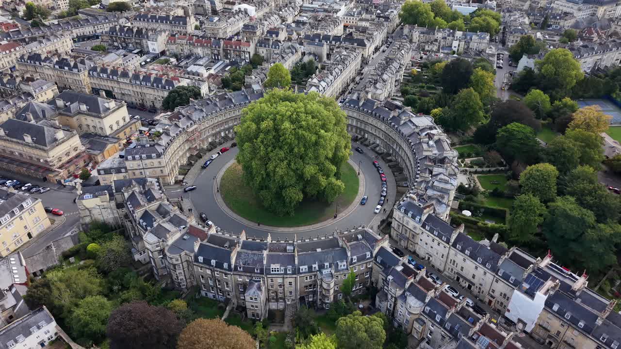 Drone shot of The Circus Buildings, Bath, England