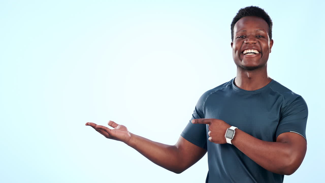 Exercise, happy black man or point at palm product