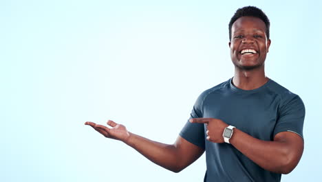 Exercise,-happy-black-man-or-point-at-palm-product