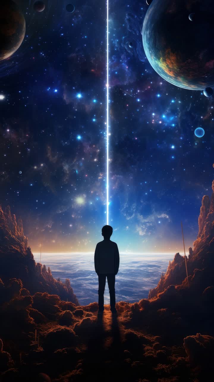 Uma silhueta de uma pessoa admirando um raio cósmico em uma paisagem surreal