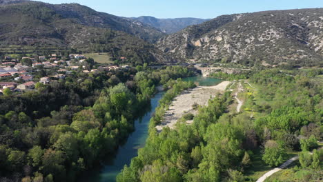 Gorges-de-l'herault-Saint-Guilhem-le-Désert-aerail-view-sunny-spring-day-France