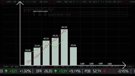 Precios-De-Acciones-Simples-En-El-Tercio-Inferior-Y-Un-Gráfico-De-Evolución-De-Precios-En-Fondo-Negro---Animación-En-Negro,-Aislado,-Alfa