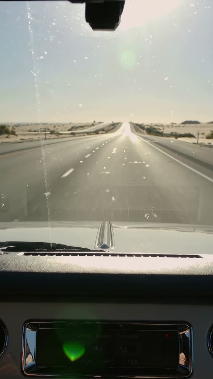 Video verticale: Guidando l'auto in avanti mentre si supera la cresta di un'autostrada, la luce solare che causa un bagliore verde sul cruscotto.