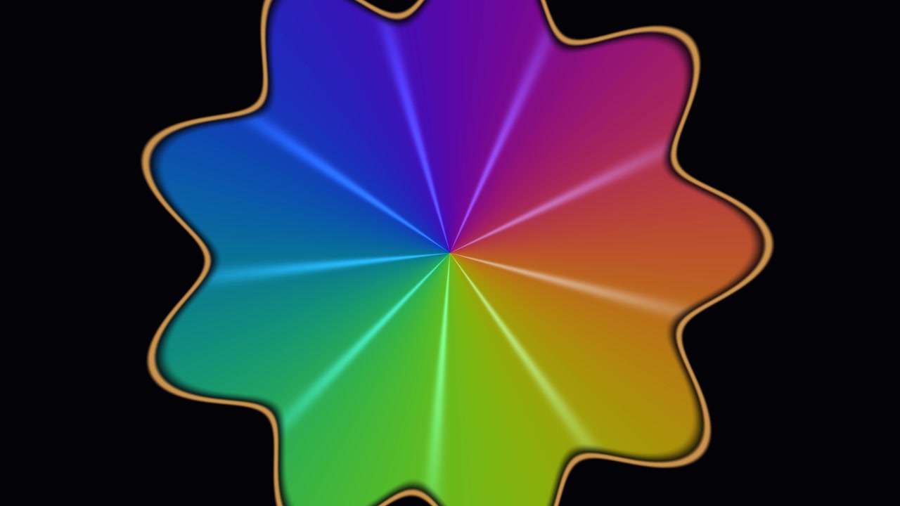 Transizione a esplosione radiale geometrica. Questo design presenta una forma circolare composta da vari colori. Appare centrato su uno sfondo scuro. Gli elementi colorati creano un effetto visivo dinamico.