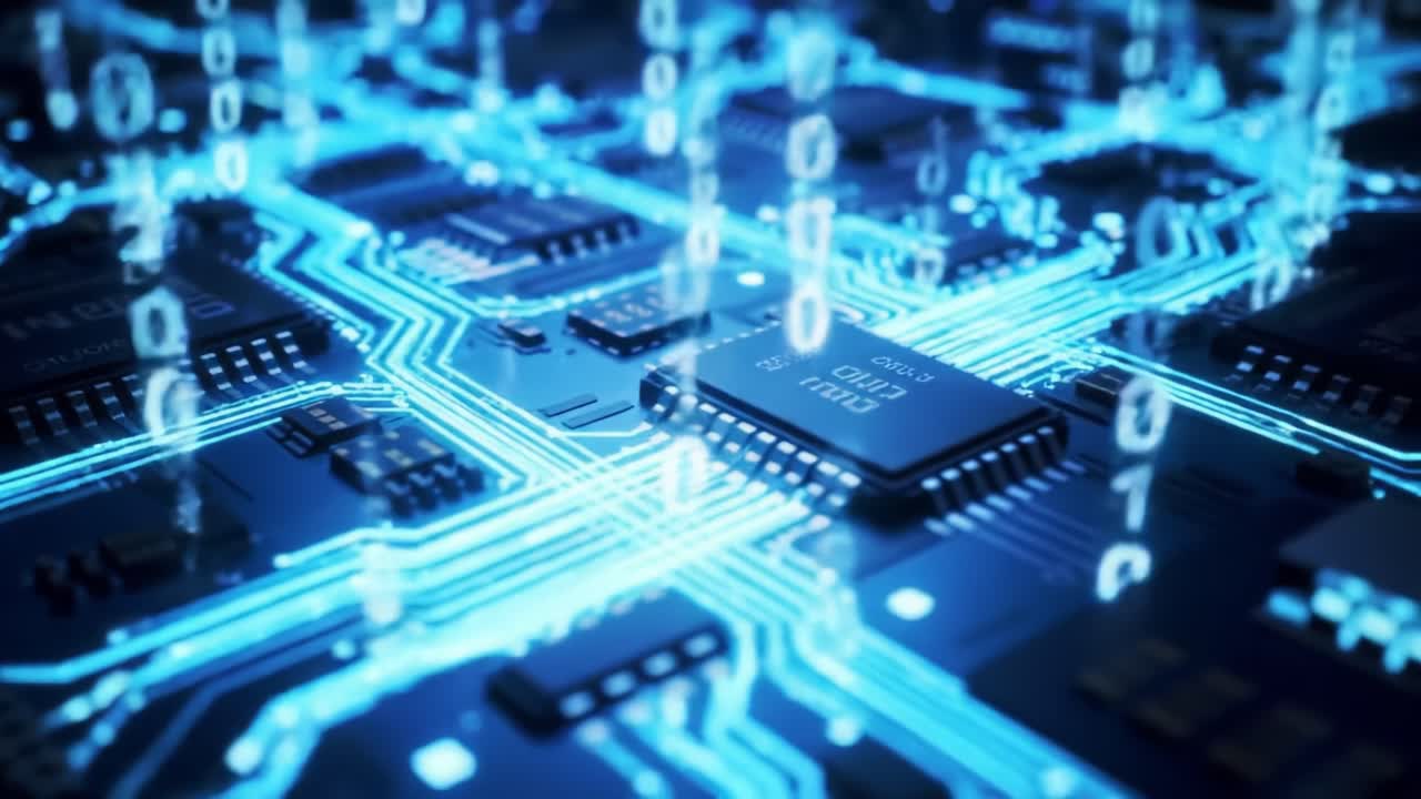 A complex digital circuit board, illuminated by glowing lines and binary data flowing throughout. The intricate design highlights modern technology at work.