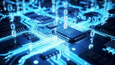 a complex digital circuit board, illuminated by glowing lines and binary data flowing throughout. the intricate design highlights modern technology at work.