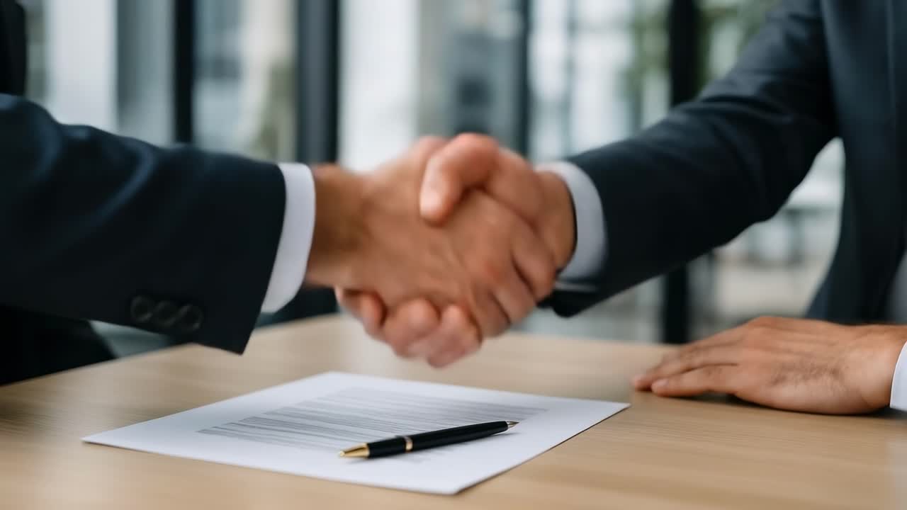 Close-up video angle of a handshake over a contract on a desk, symbolizing business agreement