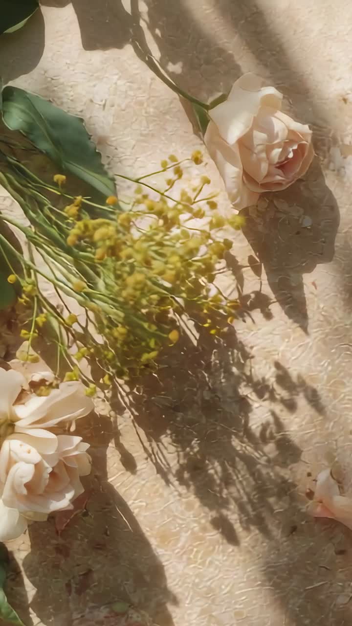 Video verticale: Telecamera che panoramica spostandosi a sinistra su un piano del tavolo beige, rivelando boccioli rosa pallido e gialli.