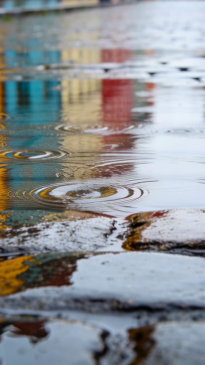 Vertical video: Showing shallow puddle and ripples warping color bands on wet cobbles, from rain
