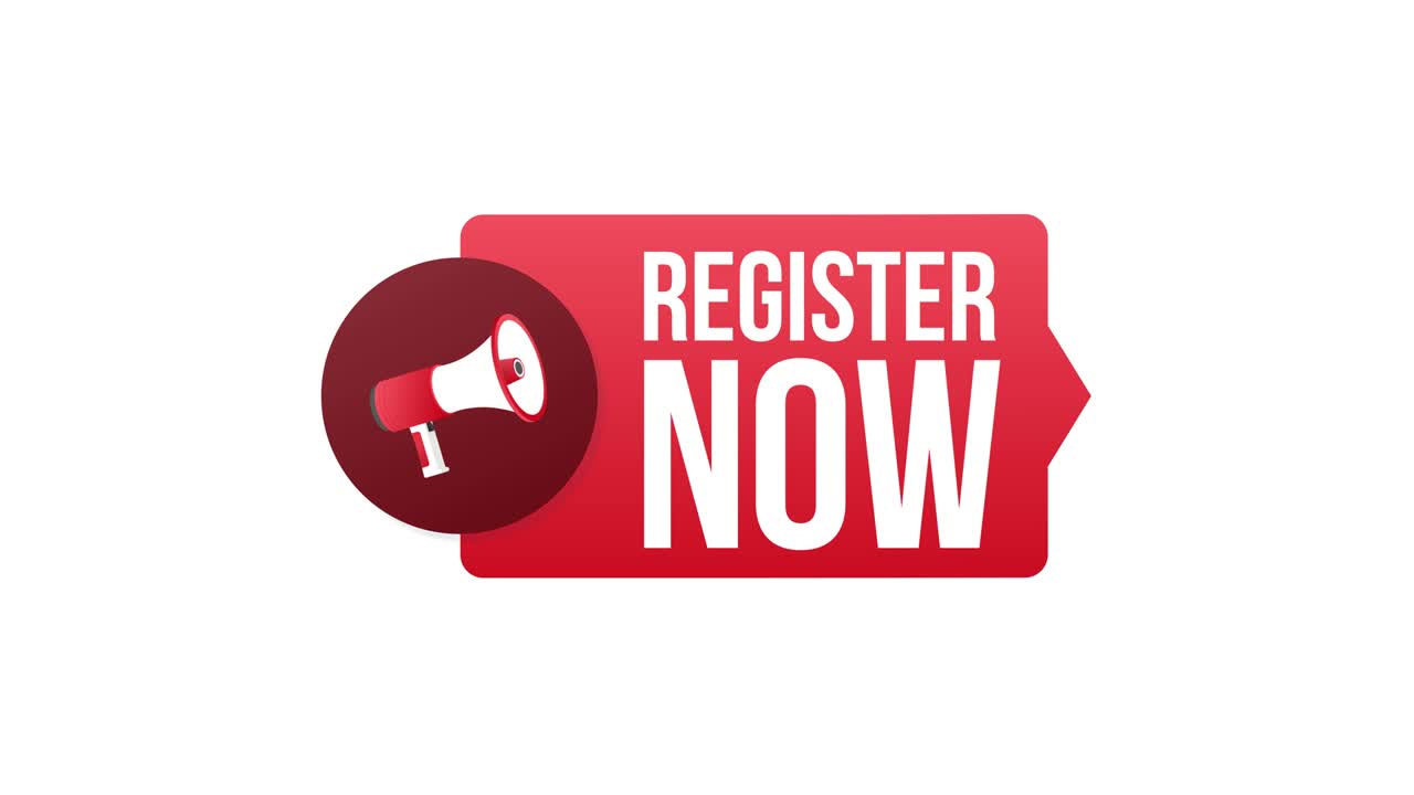 Megaphone label with register now. Megaphone banner. Web design. Motion graphics.