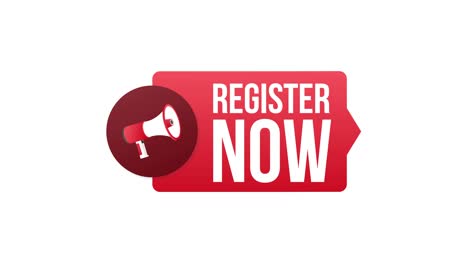 megaphone label with register now. megaphone banner. web design. motion graphics.