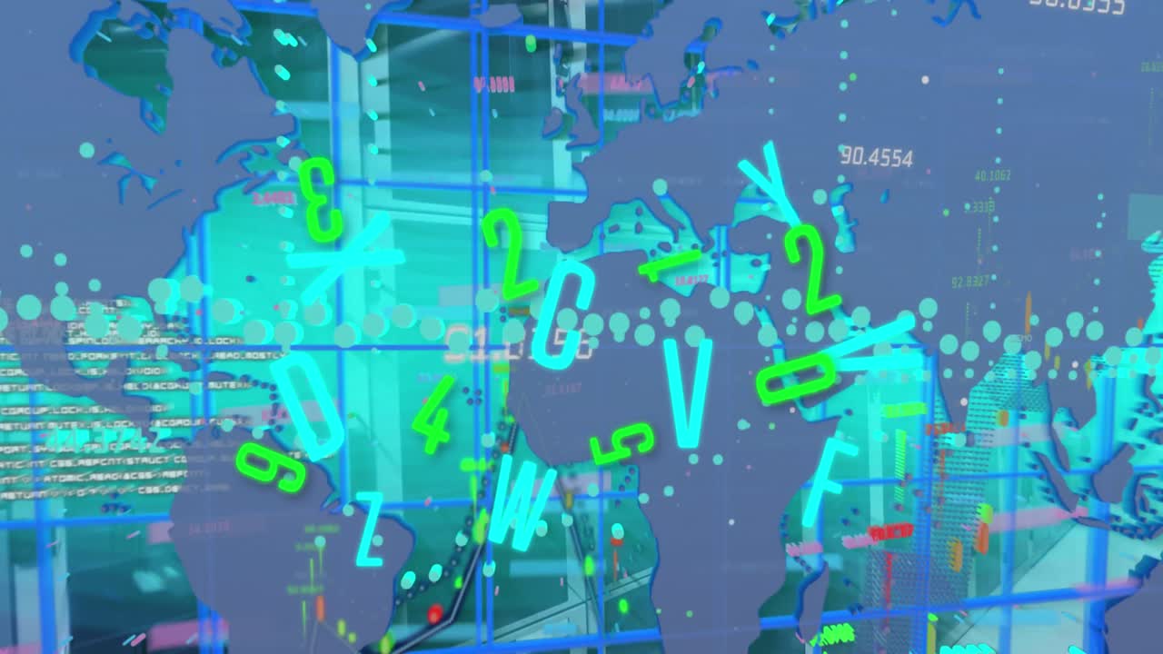 서버 을 배경으로 그래프와 지도 위에 글자, 숫자의 애니메이션