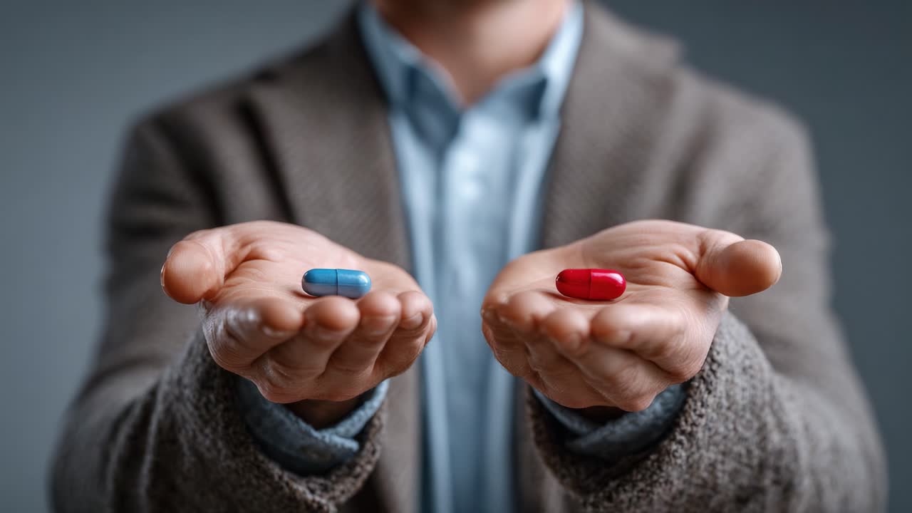 A Thoughtful Decision: Weighing Choices with a Blue and Red Capsule in Each Hand, Symbolizing Divergent Paths or Ideas, Representing Options in Life