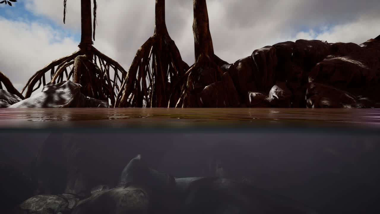 por encima y por debajo de la superficie del mar cerca de los manglares