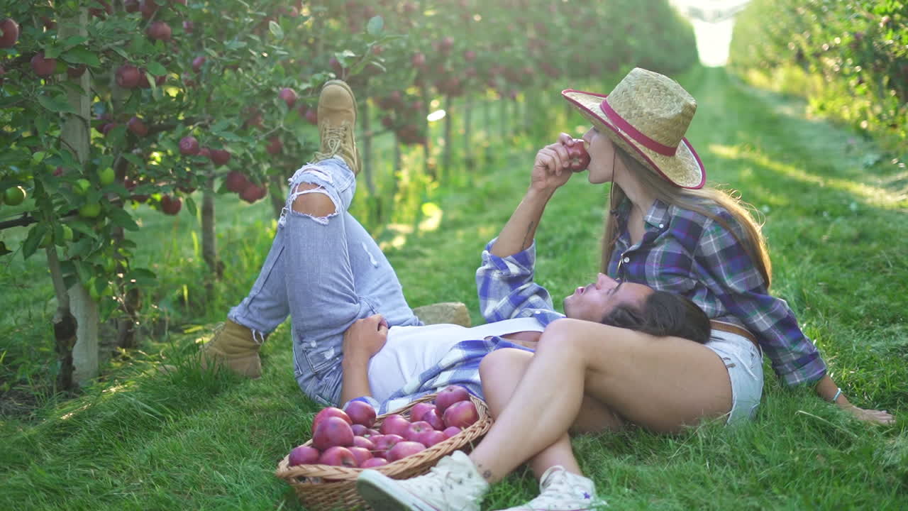 Couple enjoying fresh apples in a sunny orchard