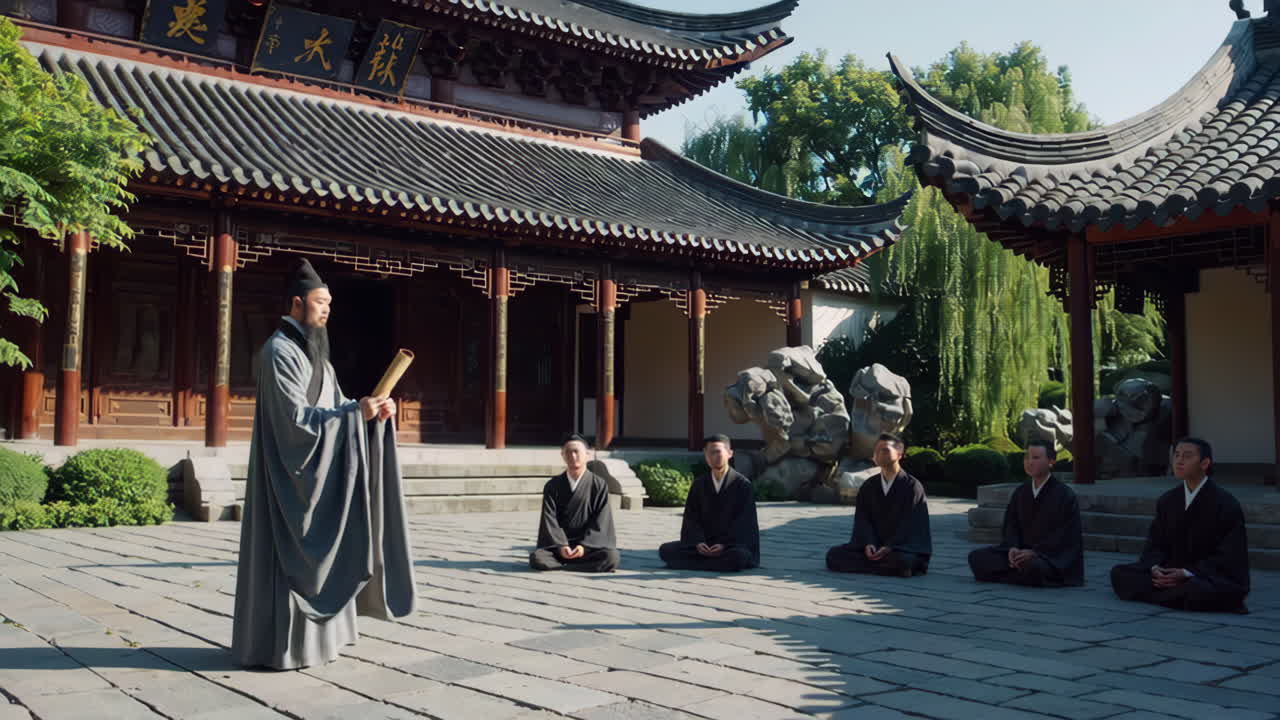 Chinese Monk Teaching in a Temple Courtyard