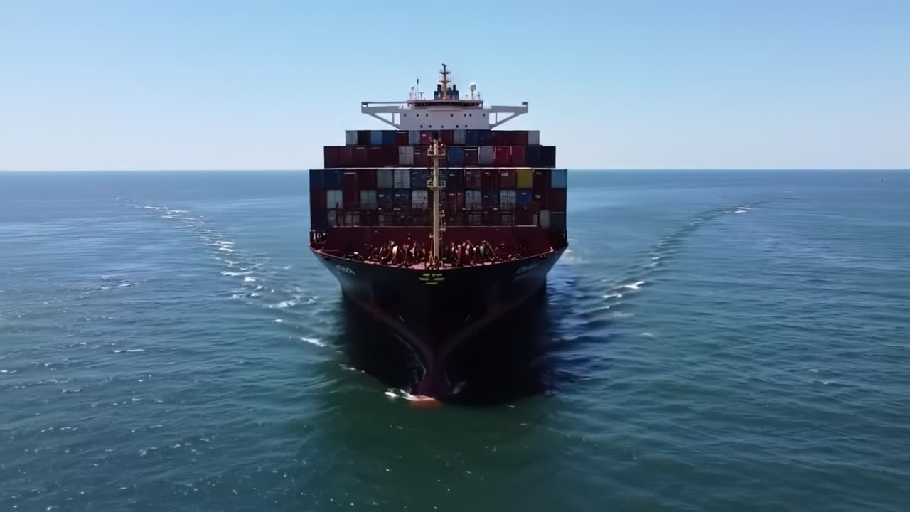 A Majestic Container Ship Sailing Through Calm Waters, Loaded with Colorful Cargo, Captured from Above in a Dazzling Daylight Setting