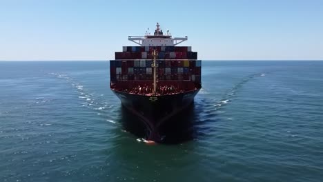 a majestic container ship sailing through calm waters, loaded with colorful cargo, captured from above in a dazzling daylight setting