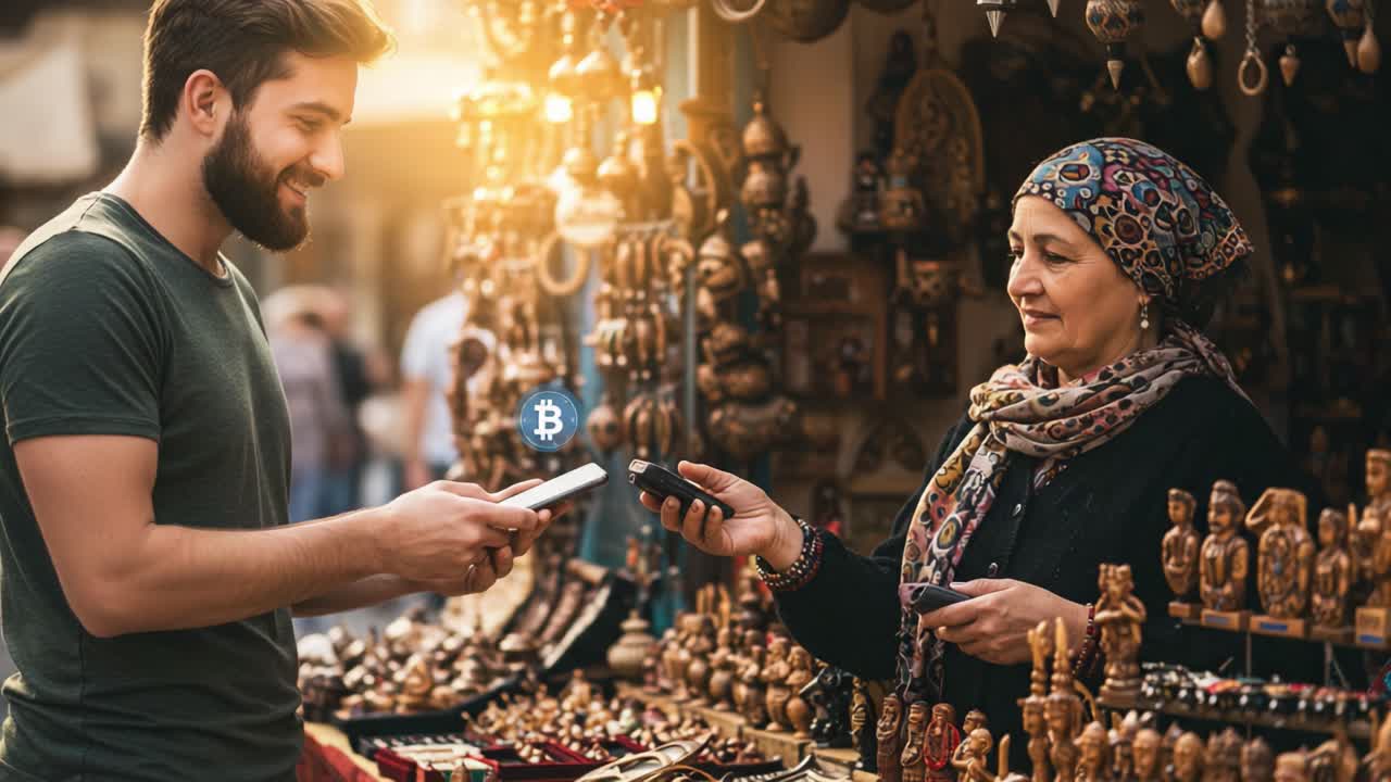 Engaging Interaction in a Vibrant Marketplace: A Young Man and Woman Exchange Digital Currency Amidst an Array of Handcrafted Artifacts and Local Goods
