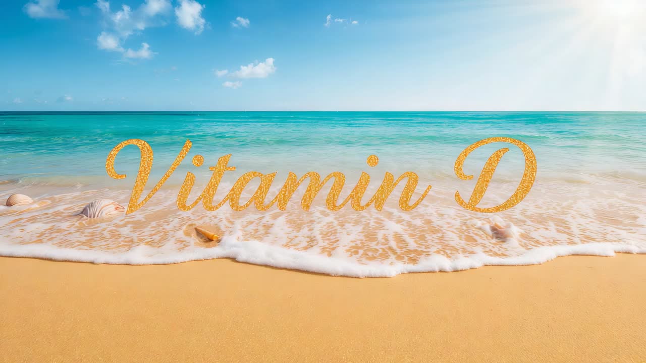 Showing gold cursive Vitamin D text staying centered on beach as wave covering shells