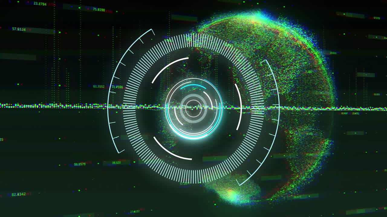 Glowing circular elements in futuristic digital animation over abstract globe visualization