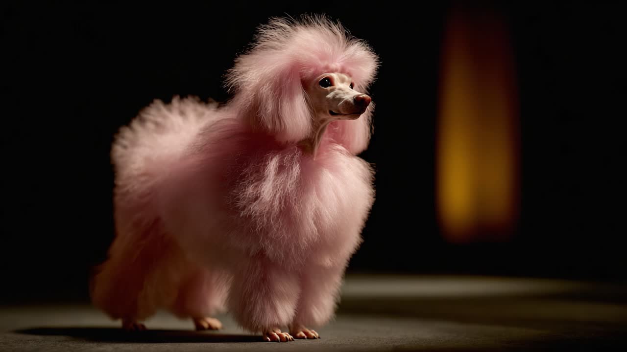 Un caniche rose élégant présentant sa coupe unique avec une fourrure duveteuse et une posture enjouée sur scène dans un cadre élégant mettant en valeur la beauté et la grâce canine