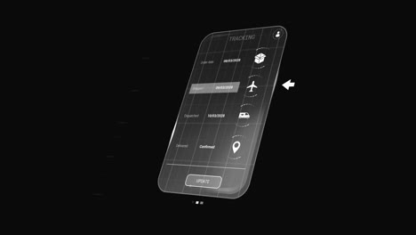 Animation of digital interface with icons and data processing on black background