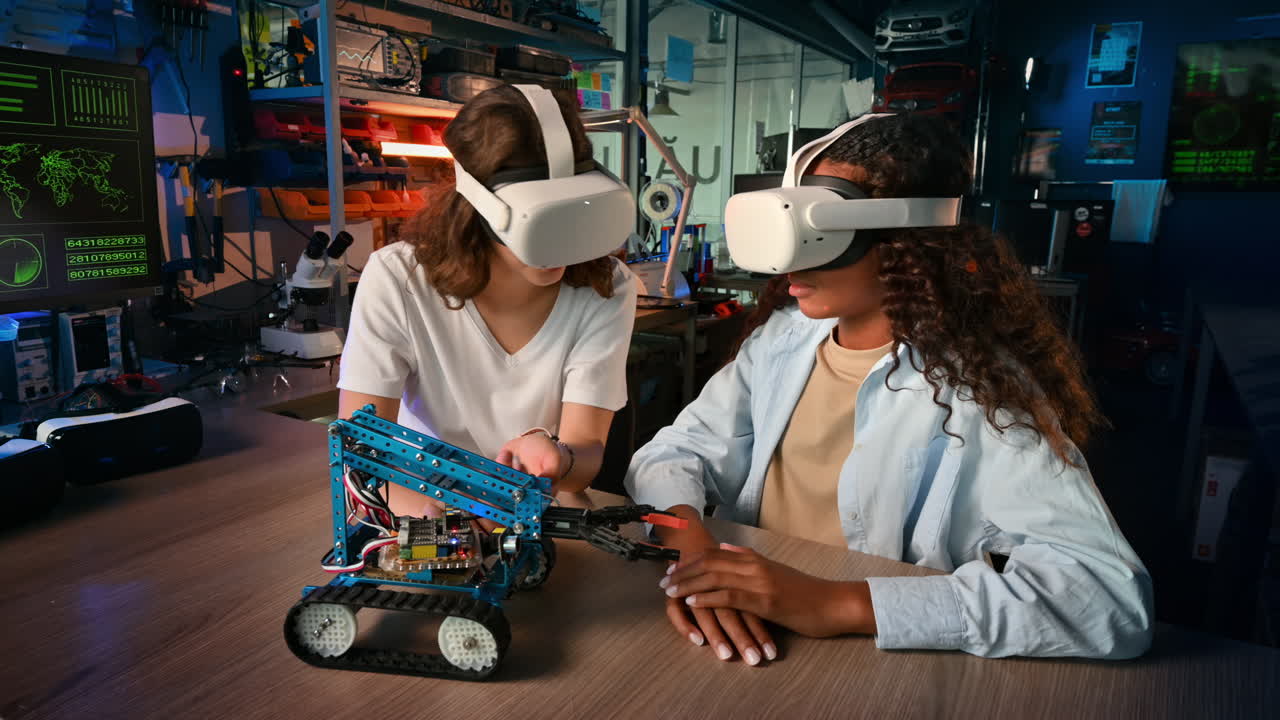Two young women in VR glasses doing experiments in robotics in a laboratory. Robot on the table