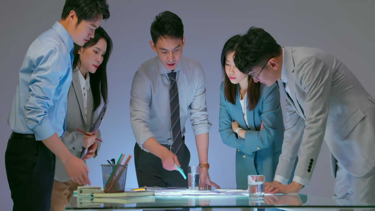 Professional group expert people sharing business ideas with colleagues during meeting in modern friendly workplace office, data analysis paperwork, hands with pencil review market research.