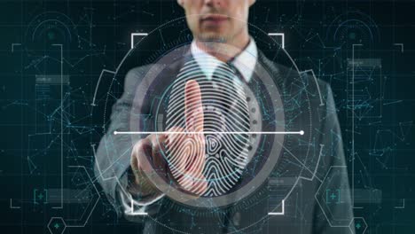 Animation-of-scope-scanning-and-biometric-fingerprint-with-businessman-touching-interactive-screen