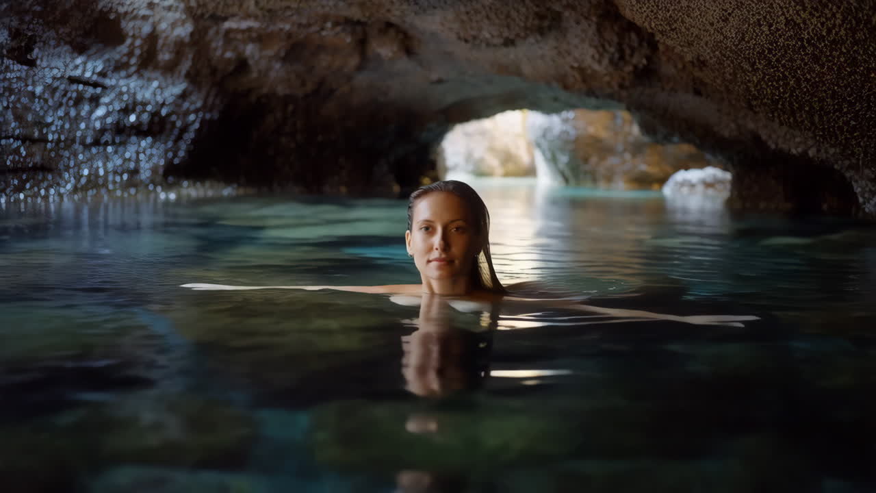 Young Woman Swimming in a Tranquil Cave Pool