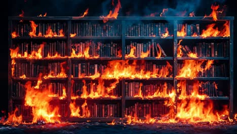 a bookcase is engulfed by flames in the dark