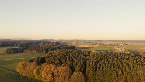 aerial clip of the bavarian plain, with a forest in the foreground and a road, with cars moving, in the background