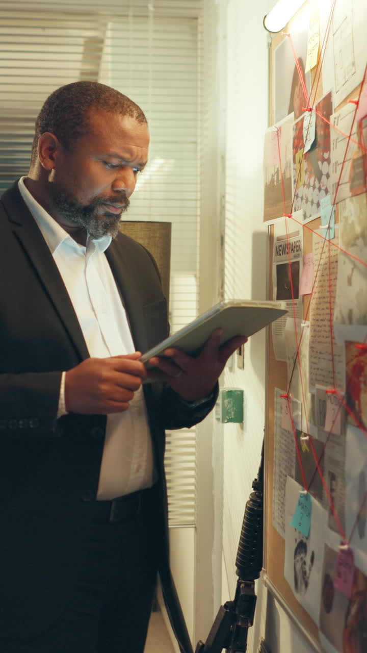 Serious Detective Analyzing Evidence on Tablet and Investigation Board